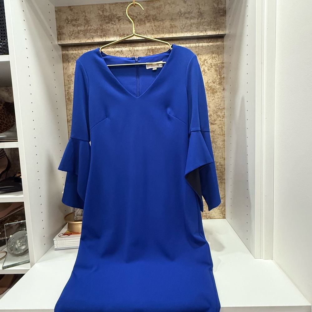 Badgley Mischka Royal Blue Bell Sleeve Dress Size 2 V Neck Cocktail